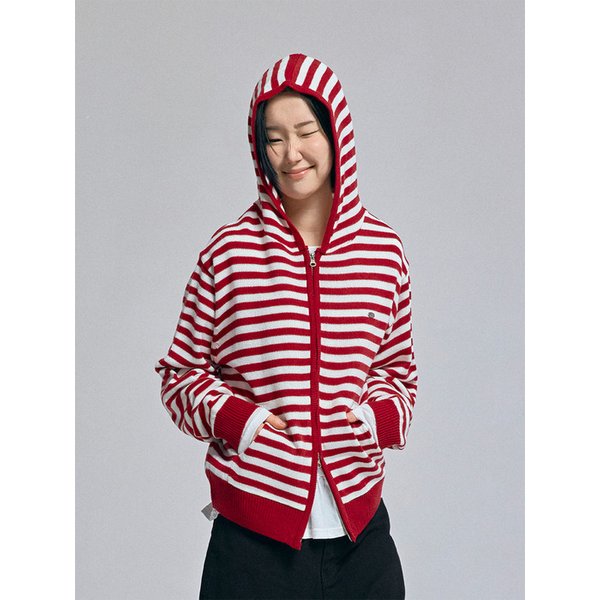 스트라이프 니트 후드 집업 버건디