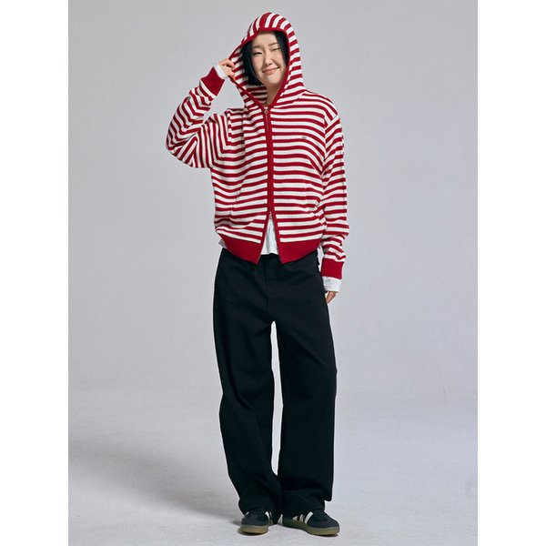 스트라이프 니트 후드 집업 버건디