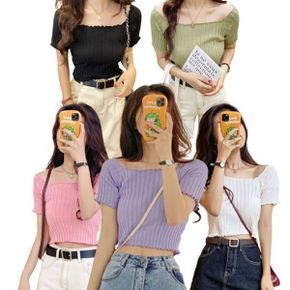 여자크롭탑 수영복커버업 골지 넥밴딩 여성 여름 크롭 티셔츠 크롭탑 큐티탑 캐주얼크롭티 여자크롭티셔츠