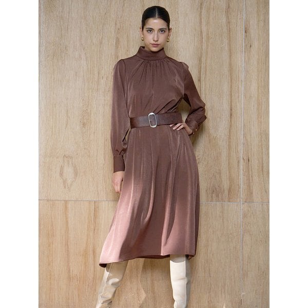 Neck roll-up feminine dress - brown