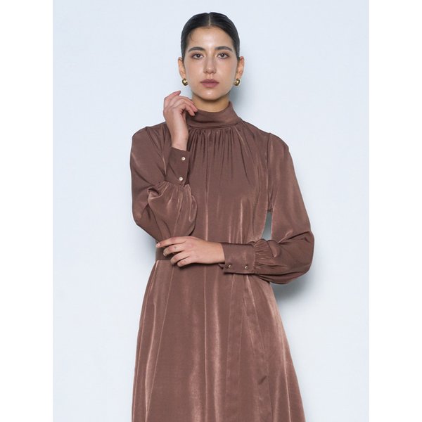 Neck roll-up feminine dress - brown