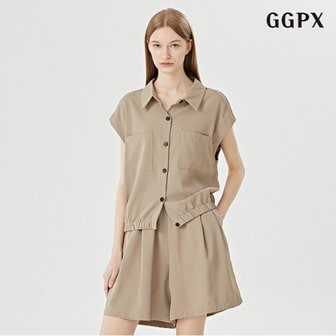 GGPX 정상가:89,000원  카라넥 포켓 블라우스 하프 팬츠 셋업 (GOAOW036D)