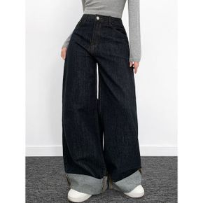 에센셜 논페이드 롤업 스티치 데님 와이드 팬츠_P405452806