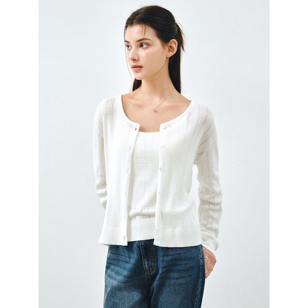 [SET] 코튼 아일렛 니트 가디건 & 슬리브리스 화이트 MDCD061WHITE