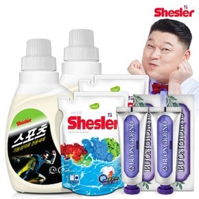 강호동의 쉬슬러 액상 세제 스포츠의류전용 650ml 2개+세제리필 500ml 2개+잇몸케어 치약 100g 2개.