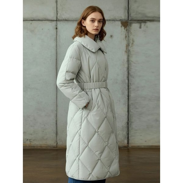 HIGH NECK BELTED GOOSE DOWN LONG COAT [LIGHT KHAKI][DARK GREY]