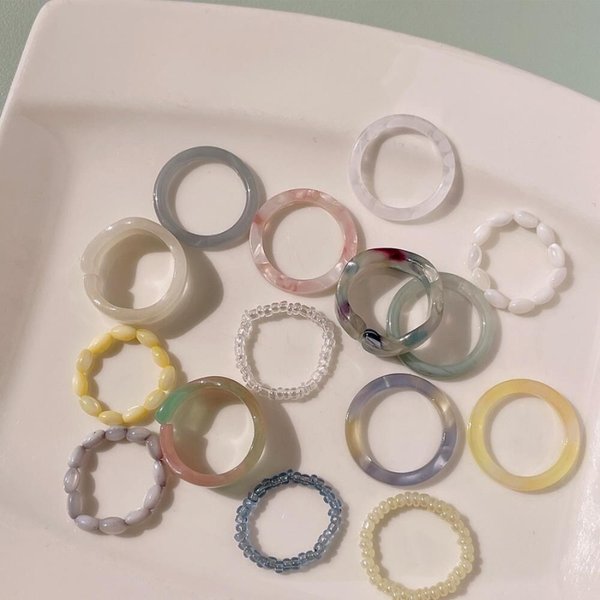 [옷자락] 여자 여름 데일리 컬러 믹스 아크릴 5set 반지