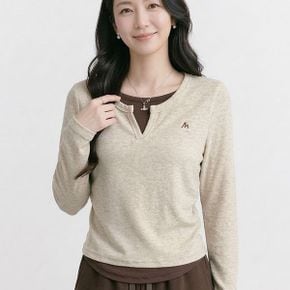 NT3269 여성 배색 레이어드 허리 셔링 긴팔 티셔츠