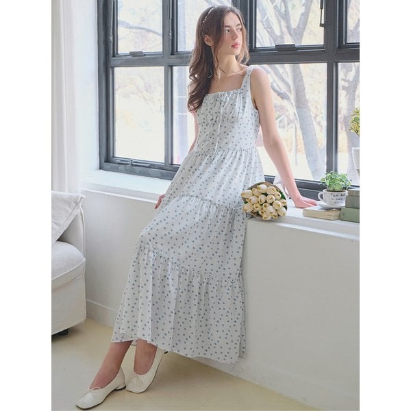 [ver.2] Ribbon shirring floral dress - White