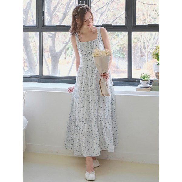 [ver.2] Ribbon shirring floral dress - White