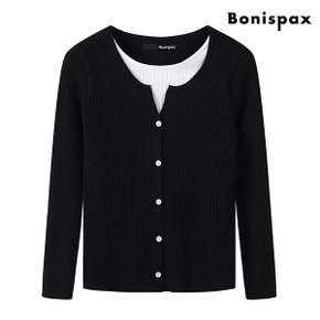 데일리 카라 트임 배색 버튼 긴팔 니트 (XO3KT008L0)