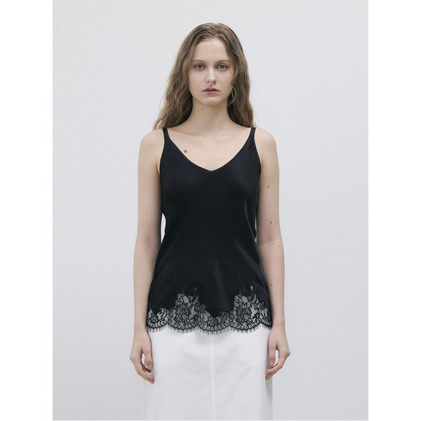 LACE BLOCK SILK SLEEVELESS TOP - BLACK