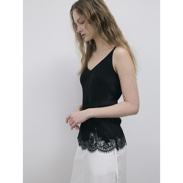 LACE BLOCK SILK SLEEVELESS TOP - BLACK