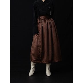 Satin gathered wrap skirt_Brown