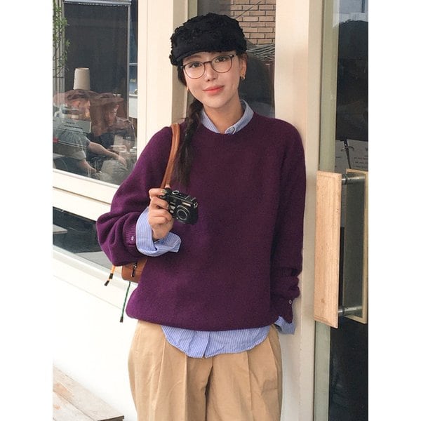 쉐기독 울 100% 라운드 니트 PURPLE