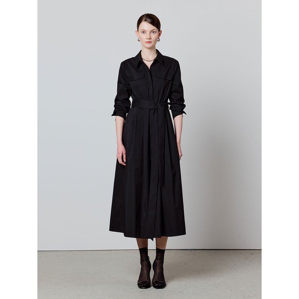 Pocket shirt pleats dress - black
