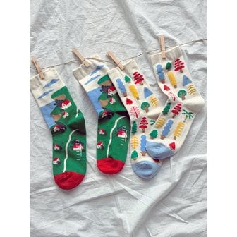 비아리츠 [2SET]타운 페인팅 패턴 크루 삭스 2color