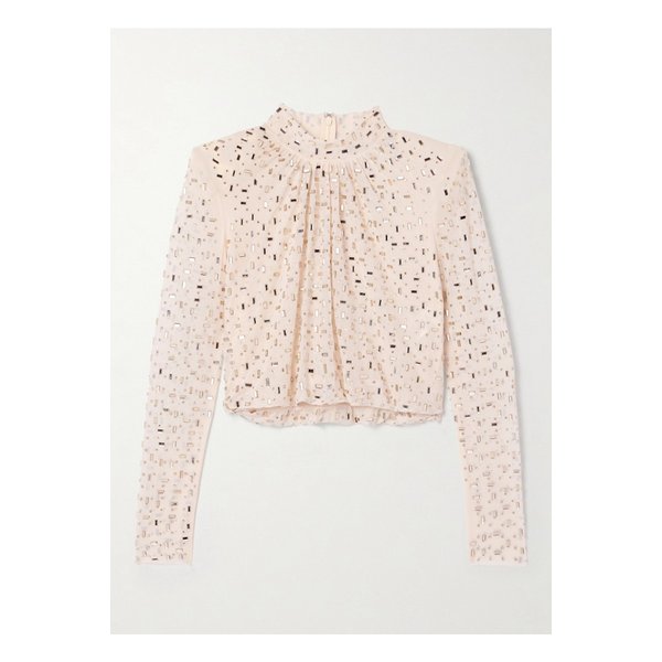 크롭 장식 개더 메시 터틀넥 탑 크림 1647597338833567