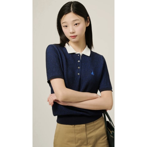 빈폴레이디스 [빈폴솔솔니트] 투톤 믹스 칼라넥 반소매 풀오버 - 네이비 BF5451C11R