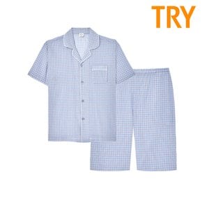 트라이 남성 순면 반팔 선염 체크 파자마 여름 반팔 잠옷 세트 TMJSJ14