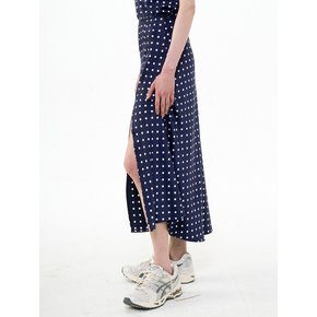 FLARED SATIN SLIT SKIRT DOT_NAVY IVORY