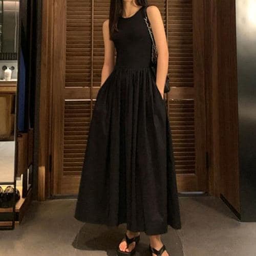 여성 시크 패션 민소매 올 블랙 체형 커버 롱 원피스(1)