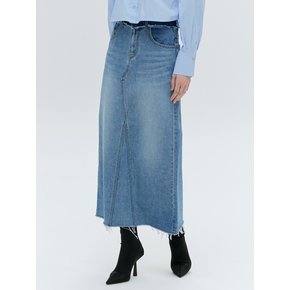 LAYERED DENIM MAXI LONG SKIRT [BLUE]