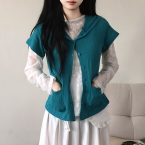 비비드 골지 펀치 아일렛 후드 반팔 가디건4color