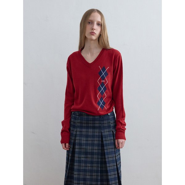 Argyle V-Neck Knit Red