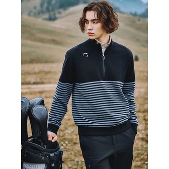 챌린저 남성 스트라이프 반집업 방풍 니트풀오버 블랙