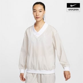 우먼스 나이키 스포츠웨어 에센셜 루즈 UV 우븐 긴팔 브이넥 탑 NIKE FV7650-110