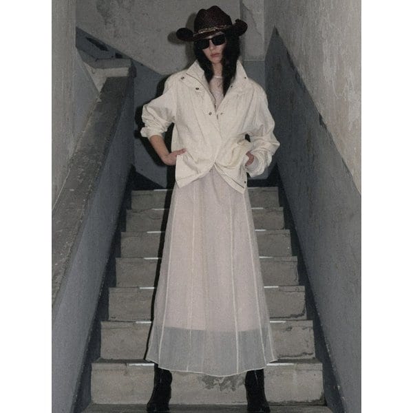 Pintuck Sheer Layered Long Dress, Light Beige