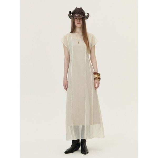 Pintuck Sheer Layered Long Dress, Light Beige