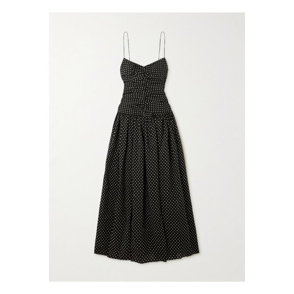 마티유 개더 폴카 도트  코튼 실크 혼방 미디 드레스 블랙 46376663162844075