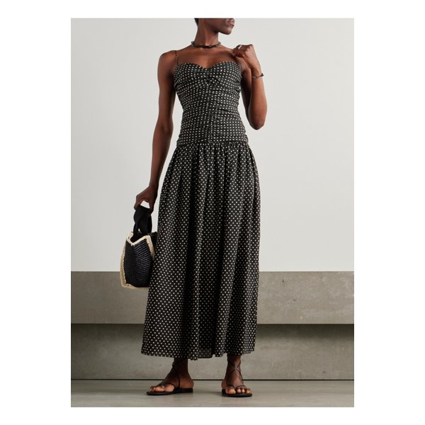 마티유 개더 폴카 도트  코튼 실크 혼방 미디 드레스 블랙 46376663162844075