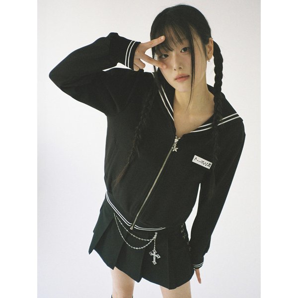 Sailor Collar Zip-Up Jacket - BLACK
