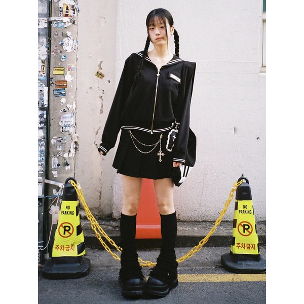 Sailor Collar Zip-Up Jacket - BLACK