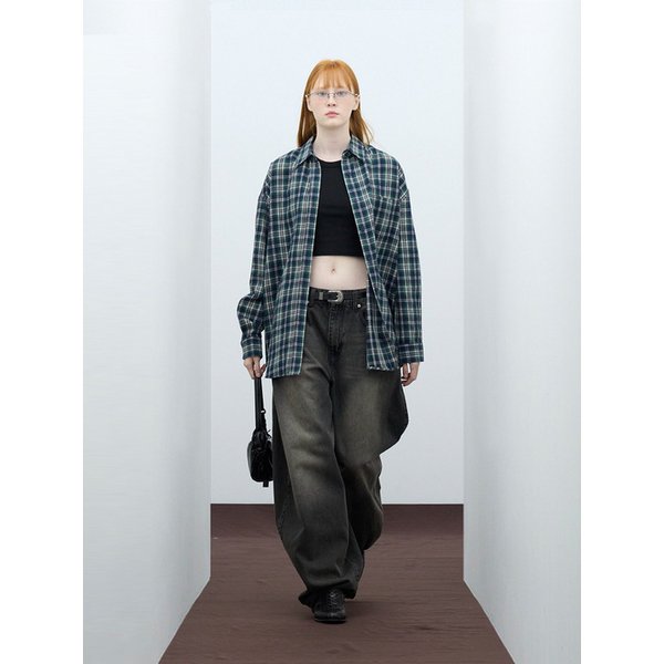 85-VIVA064 네오 오버핏 포켓 긴팔 체크 셔츠 그린