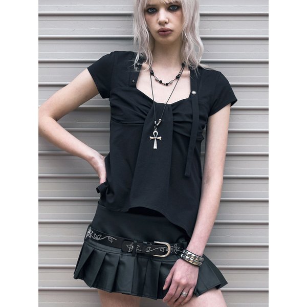 Ribbon Drape Stud Top (BLACK)