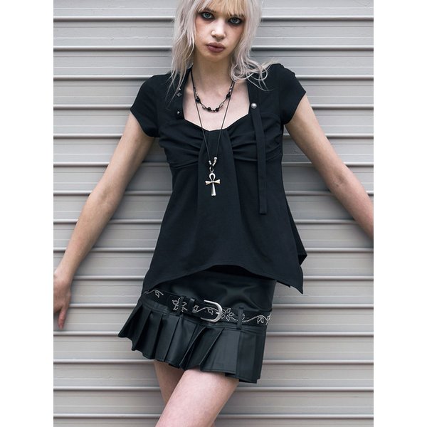Ribbon Drape Stud Top (BLACK)