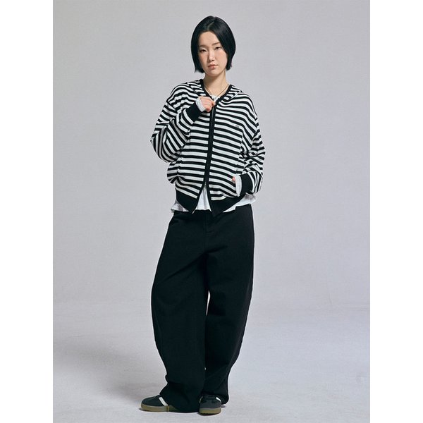 스트라이프 니트 후드 집업 블랙