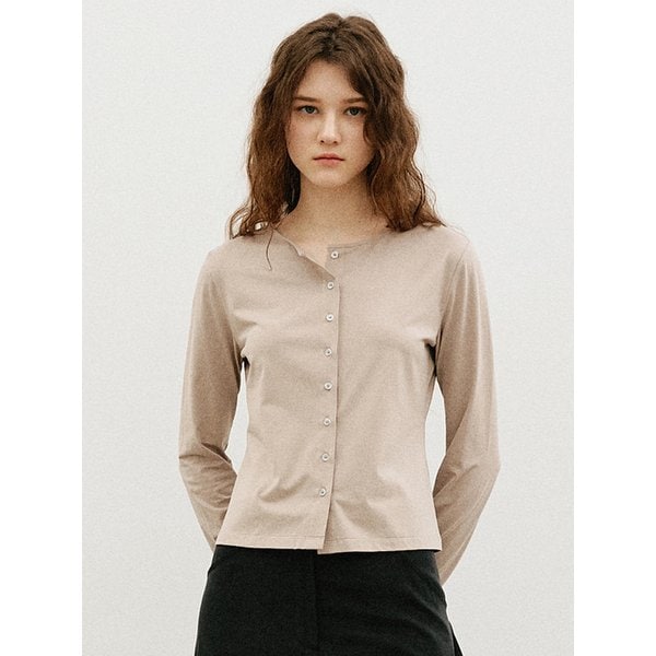 보트넥 오픈 버튼 긴팔 티셔츠_BEIGE