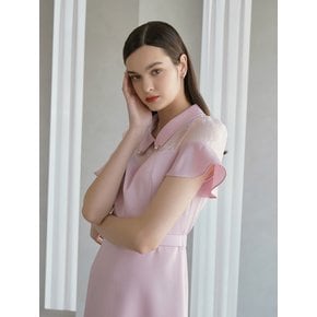 GRETA / see-through Belted Flare Dress(pink)