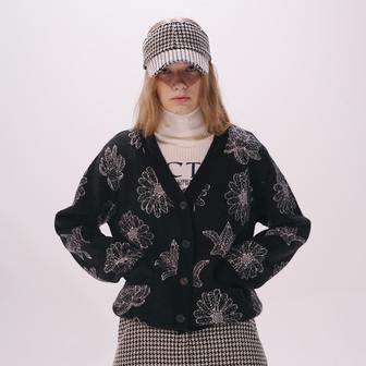 Mardi Mercredi Actif [마르디메크르디악티프]CASHMERE BLENDED KNIT CARDIGAN ALL OVER FLOWERS_BLACK IVORY