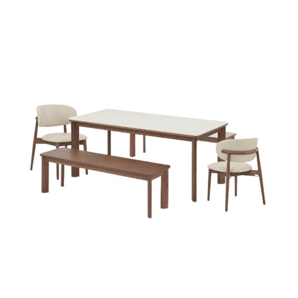 포멜로 세라믹식탁 6인세트 180cm 브라운_벤치1500 2EA, 가죽체어 2EA