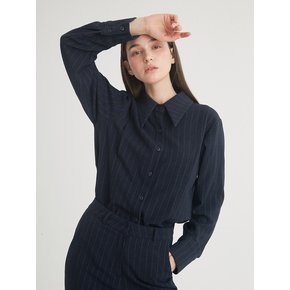 Wool Stripe Pintuck Shirt  (Navy)