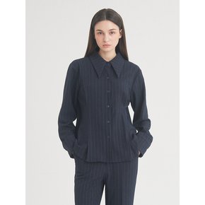 Wool Stripe Pintuck Shirt  (Navy)