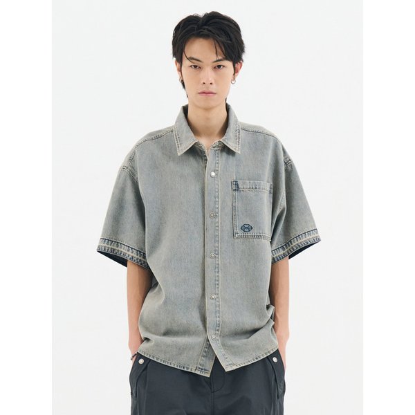 DUSTY WASHED DENIM HALF SHIRT (LIGHT BLUE)