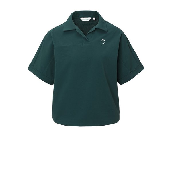 여성 에어리 스트레치 오픈 카라 반팔 우븐탑 다크그린