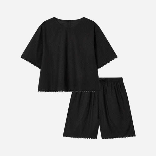[SET] 여 아일렛 도비 반팔 파자마 셔츠, 4부 파자마 팬츠_블랙 J205201019099